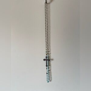 COPY - Long Beaded metal and turquoise cross necklace